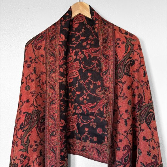 Floral Paisley Silk Pashmina Shawl Reversible Scarf Red Black Boho Maximalism - Picture 2 of 15